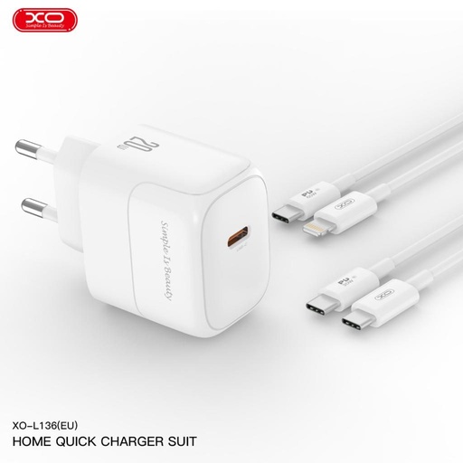 XO L136 PD 20W încărcător rapid (Alb) – USB-C conector, Type-C cu cablu