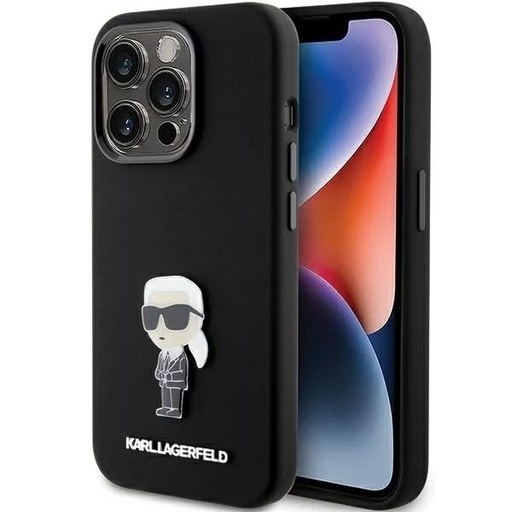 Apple iPhone 15 Pro Karl Lagerfeld Silicone Iconic Metal Pin husă spate (Negru - KLHCP15LSMHHKNPK)