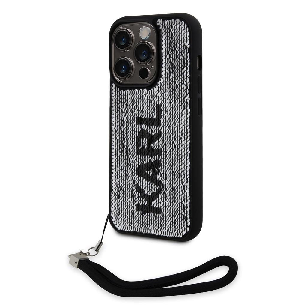 Apple iPhone 15 Pro Karl Lagerfeld Sequins Reversible tok (Fekete/Ezüst) – KLHCP15LPSQRKS