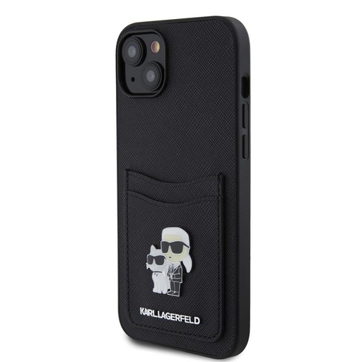 Apple iPhone 15 Karl Lagerfeld PU Saffiano Card Slot Metal Karl and Choupette husă (Negru) – KLHCP15SSAPKCNPK