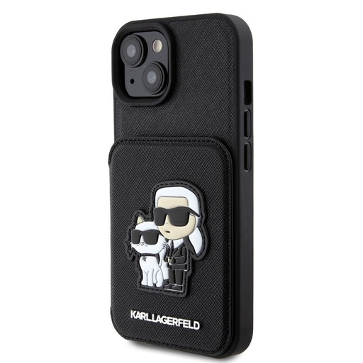 Apple iPhone 15 Karl Lagerfeld PU Saffiano Card Slot Stand Karl and Choupette husă (Negru) – KLHCP15SSAKCSCK
