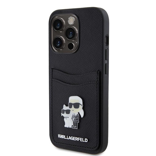 Apple iPhone 15 Pro Karl Lagerfeld PU Saffiano Card Slot Metal Karl and Choupette husă (Negru) – KLHCP15LSAPKCNPK