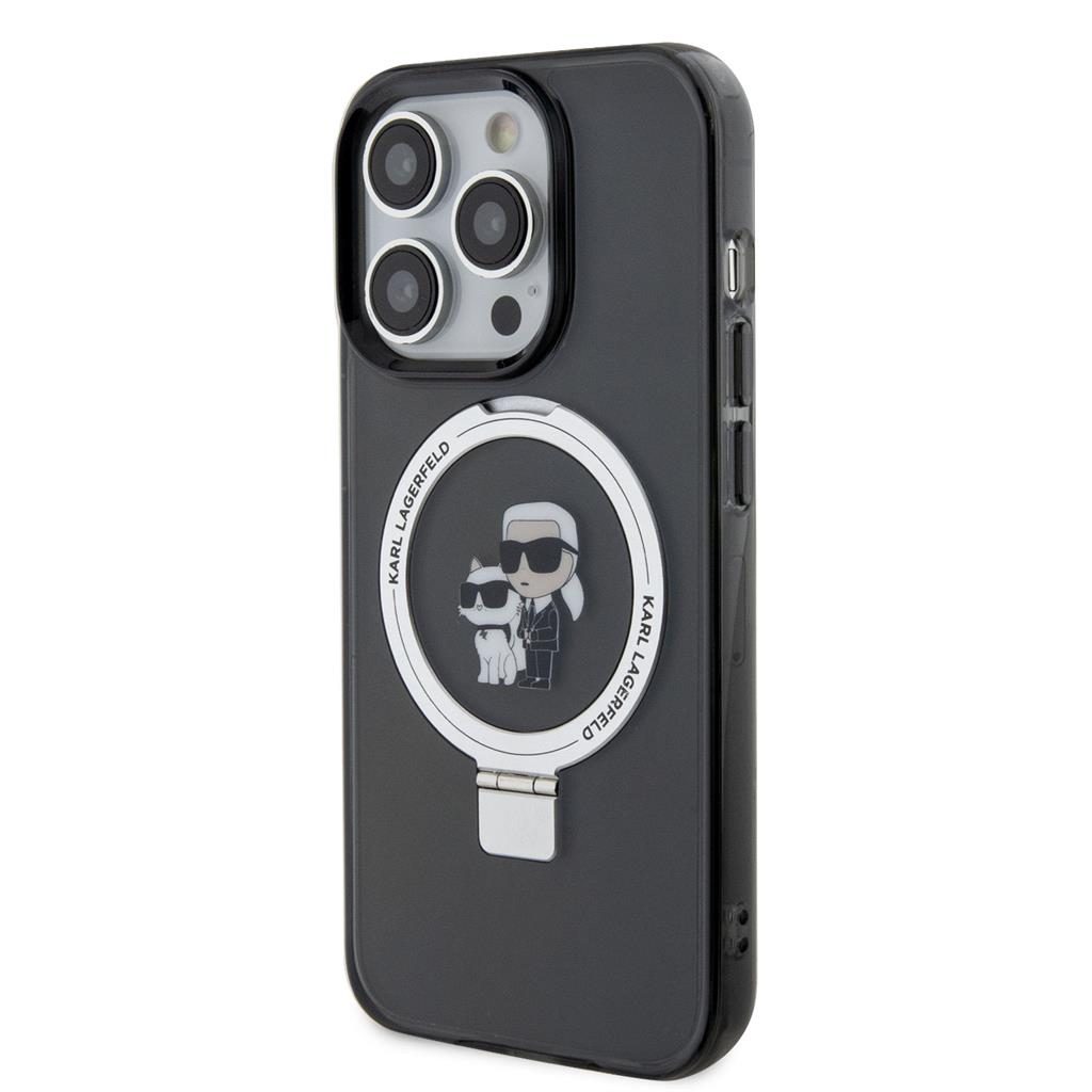 Apple iPhone 15 Pro Max Karl Lagerfeld Ringstand Karl and Choupette MagSafe tok (Fekete) – KLHMP15XHMRSKCK