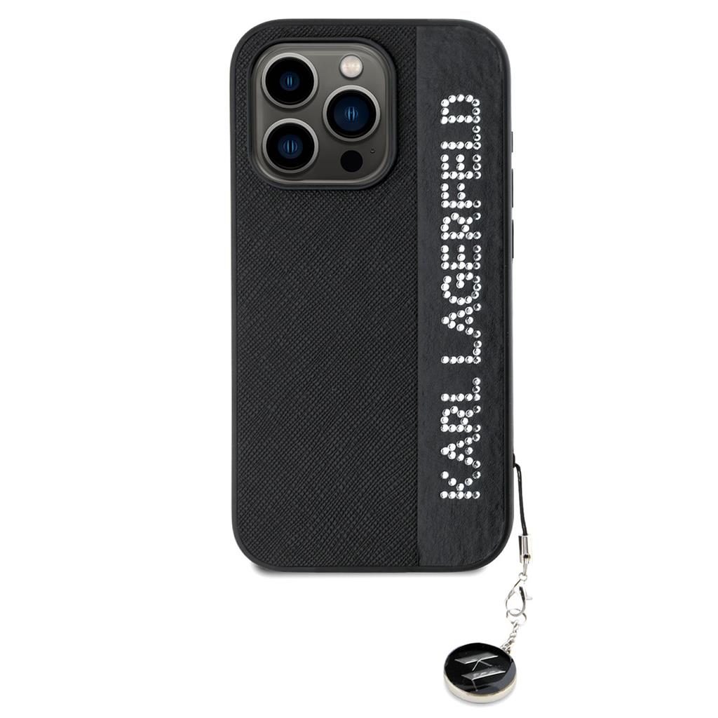 Apple iPhone 15 Pro Karl Lagerfeld PU Saffiano Rhinestone Charm tok (Fekete) – KLHCP15LPSAKDGCK