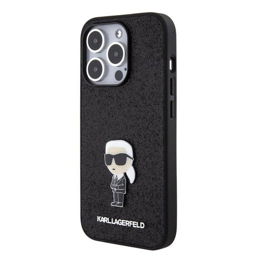 Apple iPhone 15 Pro Karl Lagerfeld Fixed Glitter Metal Iconic husă (Negru) – KLHCP15LGKNPSK