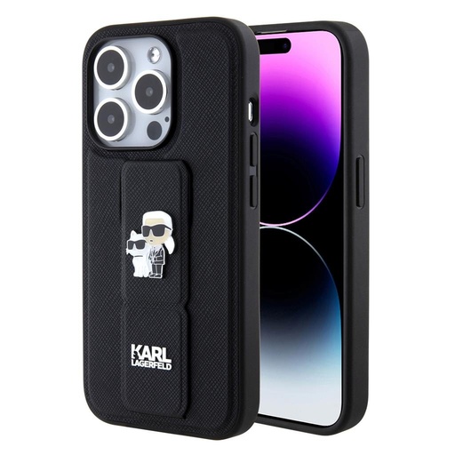 Apple iPhone 15 Pro Max Karl Lagerfeld Saffiano Grip Stand Metal Logo husă (Negru) – KLHCP15XGSAKCPK