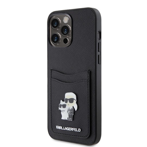 Apple iPhone 15 Pro Max Karl Lagerfeld PU Saffiano Card Slot Metal Karl and Choupette husă (Negru) – KLHCP15XSAPKCNPK