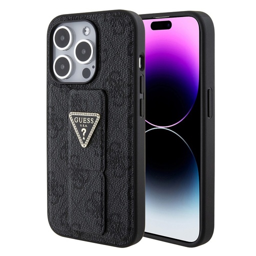 Apple iPhone 15 Pro Guess PU Grip Stand Strass Triangle husă (Negru) - GUHCP15LPGS4TDK