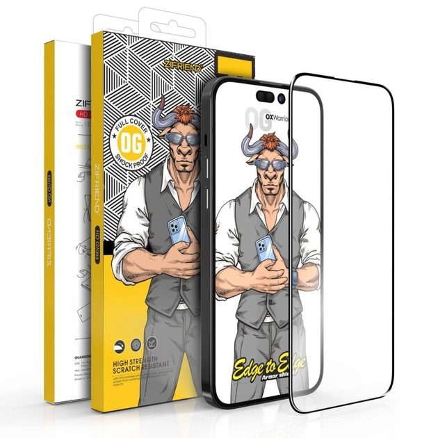 Apple iPhone 15 Pro OX Warrior Mr. Gentleman big arc strapabíró üvegfólia Átlátszó Fekete Keret
