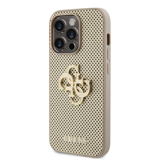 Apple iPhone 15 Pro Max Guess PU Perforat 4G Glitter Metal Logo husă (Auriu) - GUHCP15XPSP4LGD