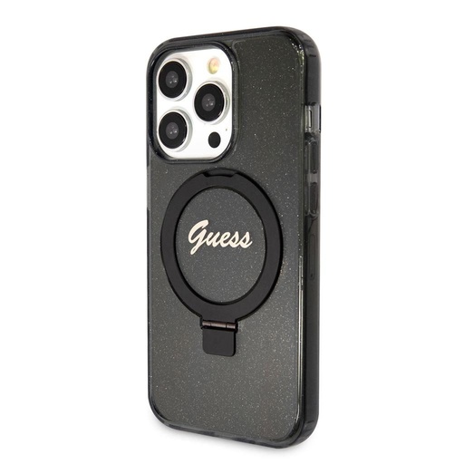 Apple iPhone 15 Pro Guess IML Ring Stand Glitter MagSafe husă (Negru) - GUHMP15LHRSGSK