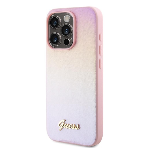 Apple iPhone 15 Pro Guess PU Leather Iridescent Metal Script husă (Roz) - GUHCP15LPSAIRSP