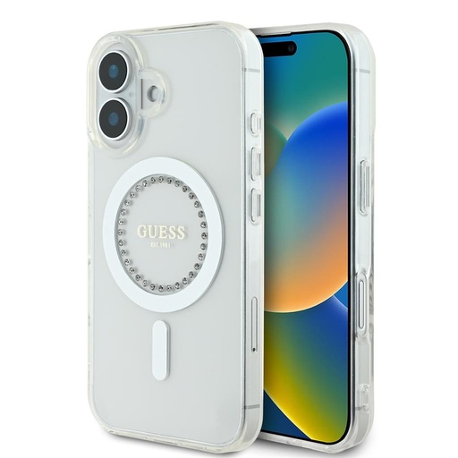 Apple iPhone 16 Guess IML Rhinestones Ring MagSafe husă (Alb) - GUHMP16SPFTDTEH