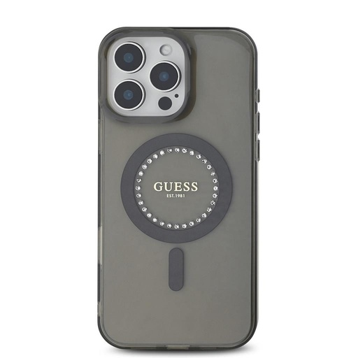 Apple iPhone 16 Pro Max Guess IML Rhinestones Ring MagSafe husă (Negru) - GUHMP16XPFTDTEK