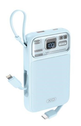 XO PR243 power bank 10000 mAh (Albastru) – încărcare rapidă 22.5W, digital ecran, USB-C és Lightning cablu