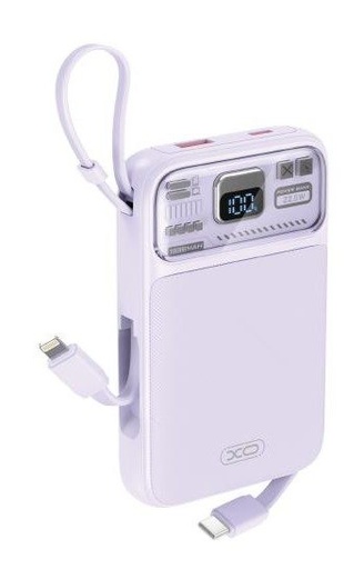 XO PR243 power bank 10000 mAh (Mov) – încărcare rapidă 22.5W, digital ecran, USB-C și Lightning cablu