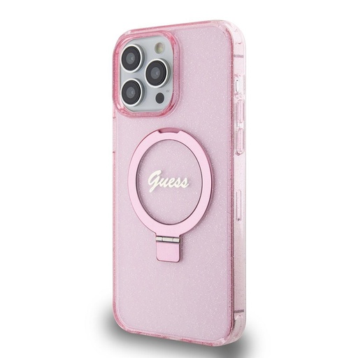 Apple iPhone 15 Pro Max Guess IML Ring Stand Glitter MagSafe husă (Roz) - GUHMP15XHRSGSP