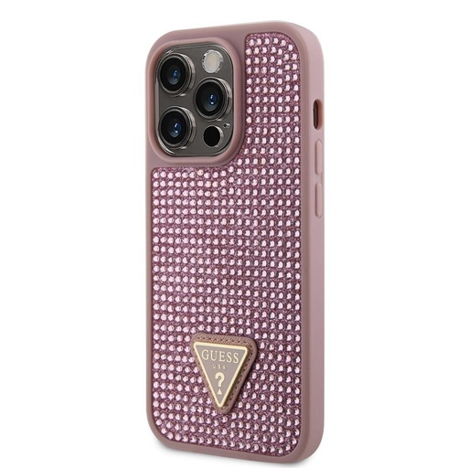 Apple iPhone 15 Pro Guess Rhinestones Triangle Metal Logo husă (Roz) - GUHCP15LHDGTPP