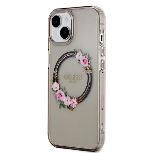 Apple iPhone 15 Guess Flowers Ring MagSafe husă (Negru) - GUHMP15SHFWFCK
