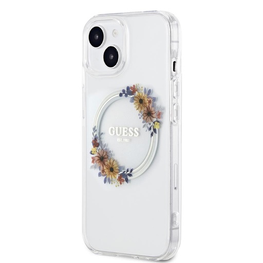 Apple iPhone 15 Guess Flowers Ring MagSafe husă (Transparent) - GUHMP15SHFWFCT