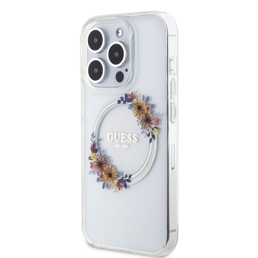 Apple iPhone 15 Pro Max Guess Flowers Ring MagSafe husă (Transparent) - GUHMP15XHFWFCT