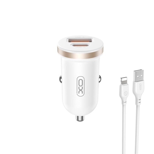 XO CC56 auto încărcător rapid, PD & QC conector + lightning cablu 30W (Alb)