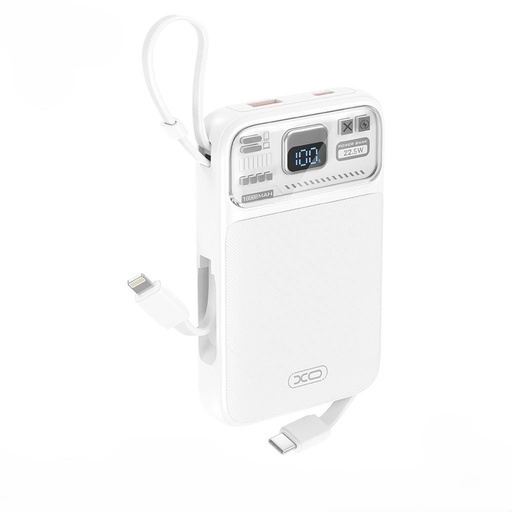 XO PR243 power bank 10000 mAh (Alb) – încărcare rapidă 22.5W, digital ecran, USB-C și Lightning cablu