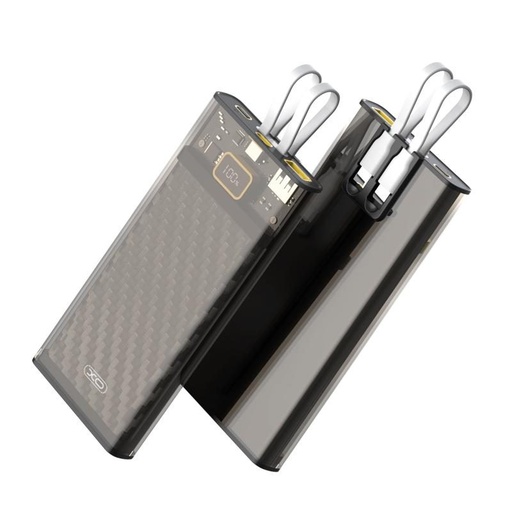 XO PR195 power bank 10000 mAh (Transparent) – încărcare rapidă PD 20W + QC 22.5W, digital ecran, USB-C és Lightning cablu