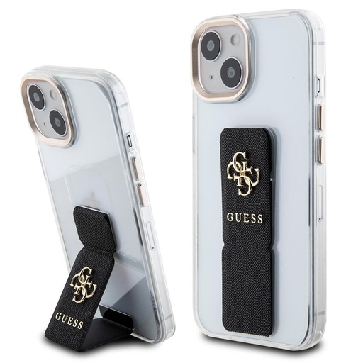 Apple iPhone 15 Guess PU Grip Stand 4G Metal Logo husă (Negru) - GUHCP15SHGSSA4K