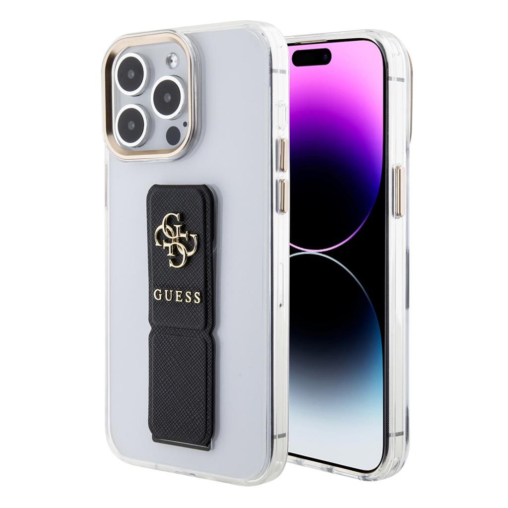 Apple iPhone 15 Pro Max Guess PU Grip Stand 4G Metal Logo tok (Fekete) - GUHCP15XHGSSA4K