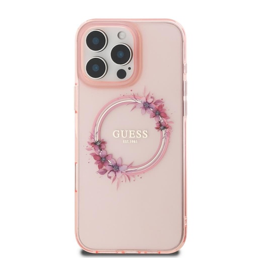 Apple iPhone 16 Pro Guess IML Flowers Ring MagSafe husă (Roz) - GUHMP16LHFWFCP