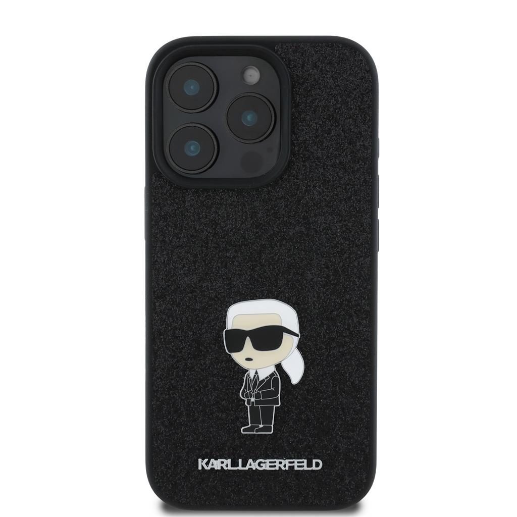 Apple iPhone 16 Pro Max Karl Lagerfeld Fixed Glitter Metal Ikonik tok (Fekete) – KLHCP16XGKNPSK