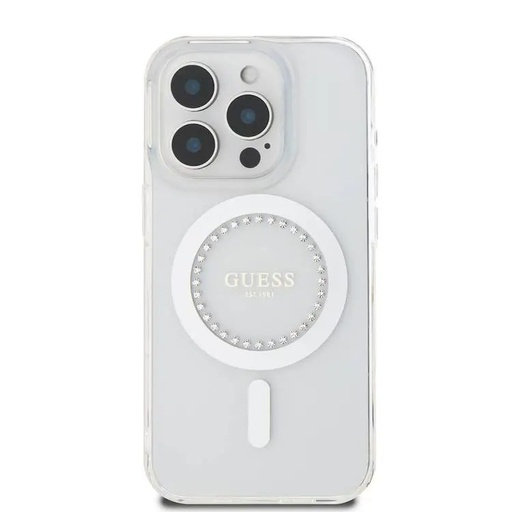 Apple iPhone 16 Pro Max Guess IML Rhinestones Ring MagSafe husă (Roz) - GUHMP16XPFTDTEP