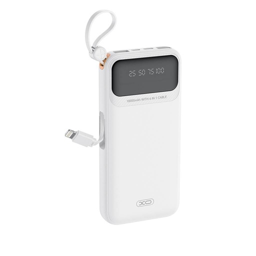 XO PR278 power bank 10000 mAh (Alb) – digital ecran, 4 încorporat cablu (USB-A, USB-C, MicroUSB, Lightning)