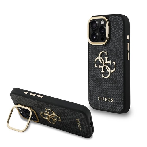Apple iPhone 15 Pro Max Guess PU 4G Metal Logo Stand Camera Frame husă (Negru) - GUHCP15XPCS4GP4K