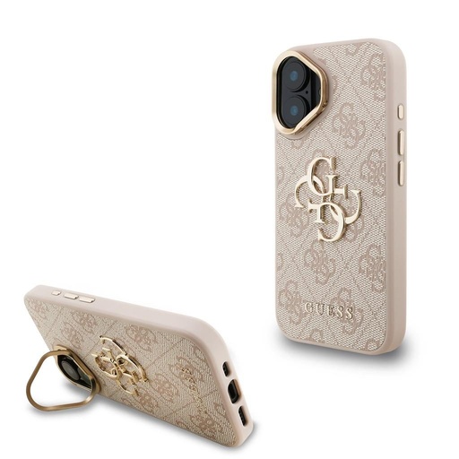 Apple iPhone 16 Guess PU 4G Metal Logo Stand Camera Frame husă (Roz) - GUHCP16SPCS4GP4P