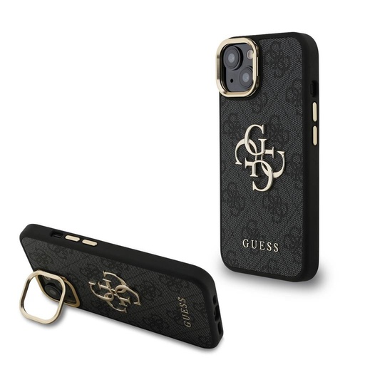 Apple iPhone 15 Guess PU 4G Metal Logo Stand Camera Frame husă (Negru) - GUHCP15SPCS4GP4K
