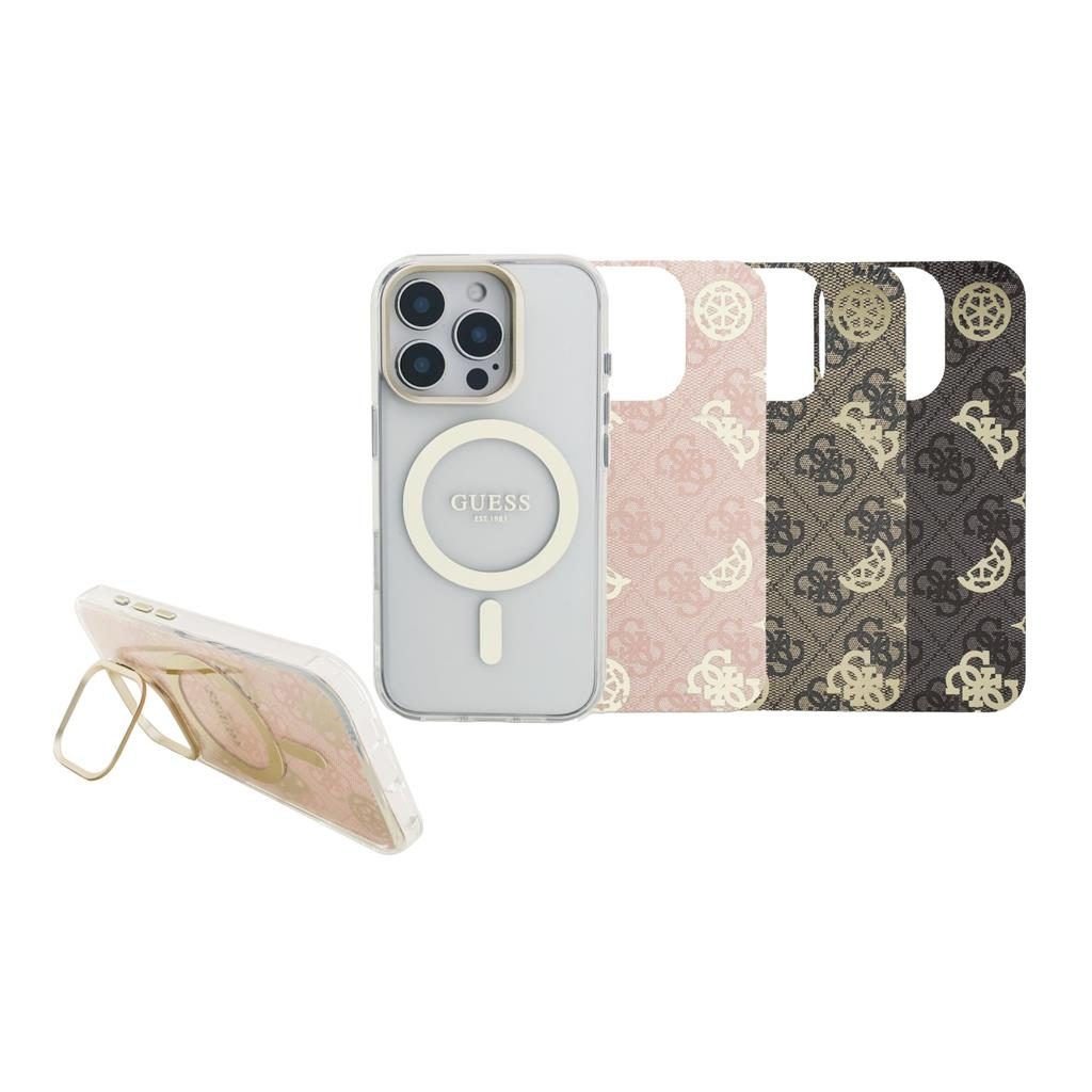 Apple iPhone 16 Pro Guess PC/TPU Electroplated Stand Camera Frame MagSafe tok cserélhető hátlappal (Átlátszó) - GUBPSBHMP16LF4P0