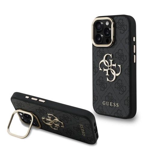 Apple iPhone 16 Pro Guess PU 4G Metal Logo Stand Camera Frame husă (Negru) - GUHCP16LPCS4GP4K