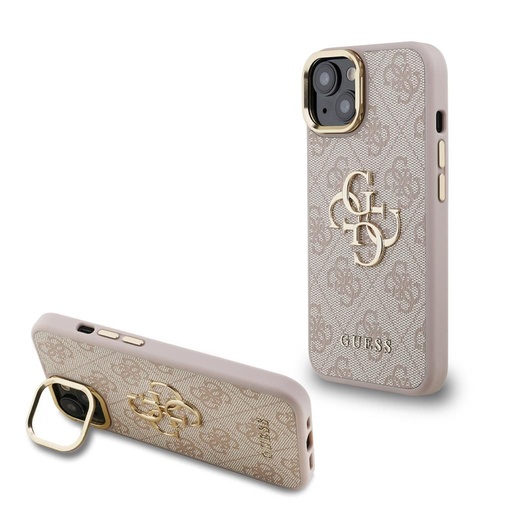 Apple iPhone 15 Guess PU 4G Metal Logo Stand Camera Frame husă (Roz) - GUHCP15SPCS4GP4P