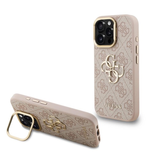 Apple iPhone 16 Pro Guess PU 4G Metal Logo Stand Camera Frame husă (Roz) - GUHCP16LPCS4GP4P