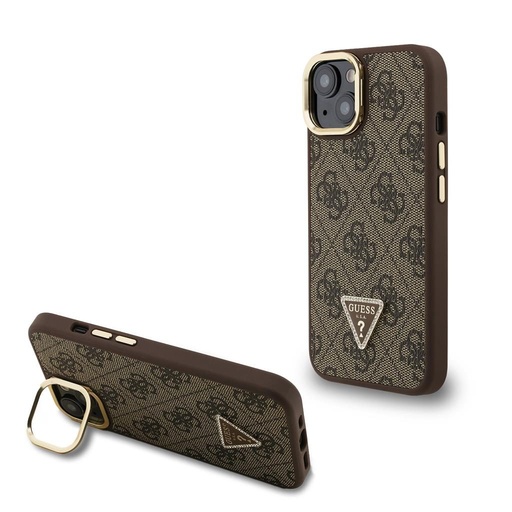 Apple iPhone 15 Guess PU 4G Strass Triangle Logo Stand Camera Frame MagSafe husă (Maro) - GUHMP15SPCS4GPTW