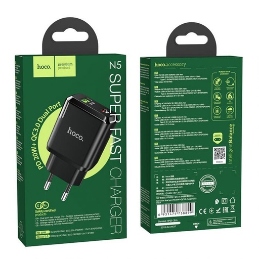 Hoco N5 de rețea încărcător rapid (QC, PD), PD20W + QC3.0, negru