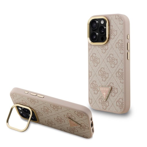 Apple iPhone 15 Pro Max Guess PU 4G Strass Triangle Logo Stand Camera Frame MagSafe husă (Roz) - GUHMP15XPCS4GPTP