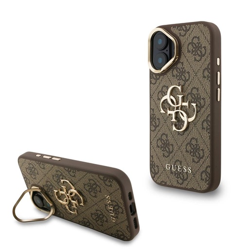 Apple iPhone 16 Guess PU 4G Metal Logo Stand Camera Frame husă (Maro) - GUHCP16SPCS4GP4W