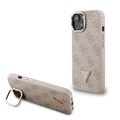 Apple iPhone 15 Guess PU 4G Strass Triangle Logo Stand Camera Frame MagSafe husă (Roz) - GUHMP15SPCS4GPTP