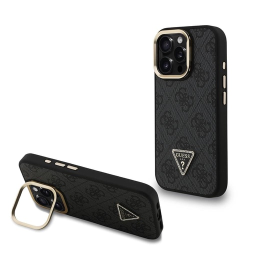 Apple iPhone 16 Pro Guess PU 4G Strass Triangle Logo Stand Camera Frame MagSafe husă (Negru) - GUHMP16LPCS4GPTK