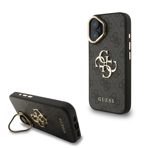 Apple iPhone 16 Guess PU 4G Metal Logo Stand Camera Frame husă (Negru) - GUHCP16SPCS4GP4K