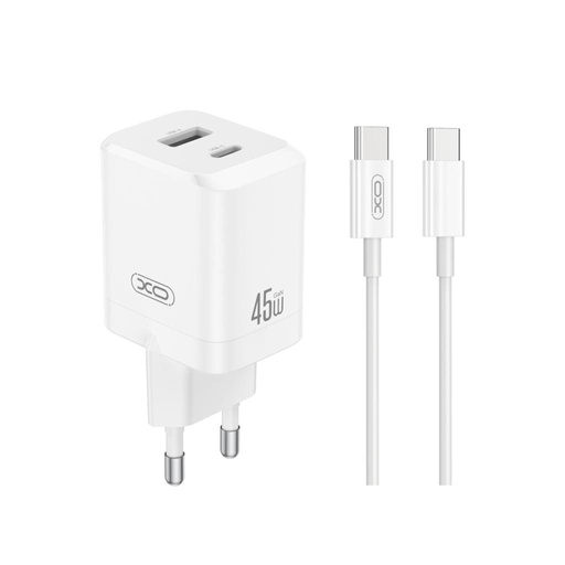 XO CE36 GaN de perete încărcător 45W 1x USB-C + 1x USB-A + Type-C cablu (Alb)