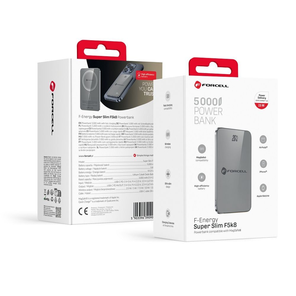 Forcell F-Energy SuperSlim F5K8 MagSafe power bank 15W 5000 mAh (Fekete)